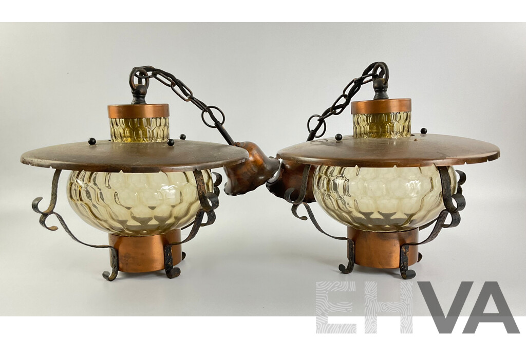 Two Retro Glass and Copper Tone Hanging Lights