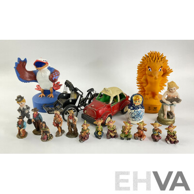 Collection of Display Figures Including Musical Clowns, Native Americans, Russian Babushka, Ceramic Taxi, Sydney 2000 Olympics Mascots