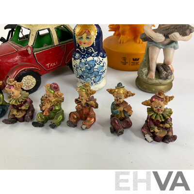 Collection of Display Figures Including Musical Clowns, Native Americans, Russian Babushka, Ceramic Taxi, Sydney 2000 Olympics Mascots