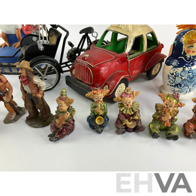 Collection of Display Figures Including Musical Clowns, Native Americans, Russian Babushka, Ceramic Taxi, Sydney 2000 Olympics Mascots