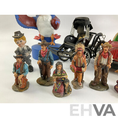 Collection of Display Figures Including Musical Clowns, Native Americans, Russian Babushka, Ceramic Taxi, Sydney 2000 Olympics Mascots