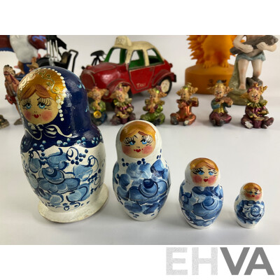Collection of Display Figures Including Musical Clowns, Native Americans, Russian Babushka, Ceramic Taxi, Sydney 2000 Olympics Mascots