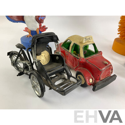 Collection of Display Figures Including Musical Clowns, Native Americans, Russian Babushka, Ceramic Taxi, Sydney 2000 Olympics Mascots