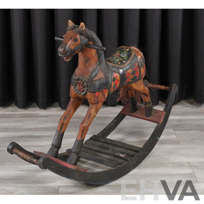 Carved Timber Folk Art Painted Rocking Horse