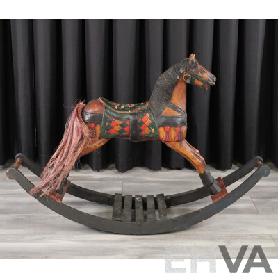 Carved Timber Folk Art Painted Rocking Horse