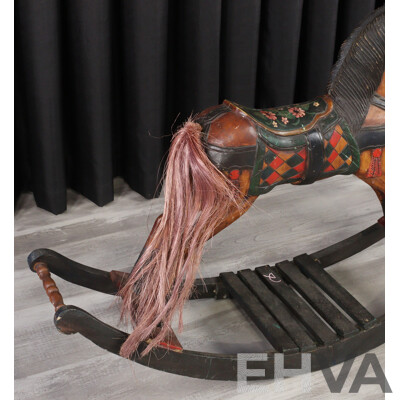 Carved Timber Folk Art Painted Rocking Horse
