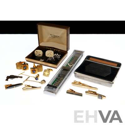 Collection of Vintage Cuff Links, Tie Bars/pins, Tobacco Roller Case & Guess Watch Band