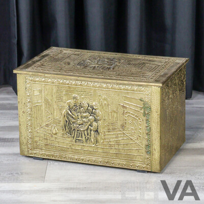 Vintage Ornate Brass Coal Box with Embossed Family Gathering Motif