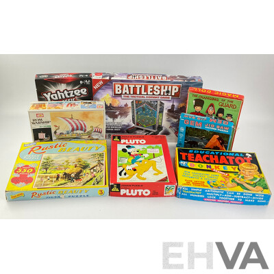Collection of Vintage Board Games, Jigsaws and Model Including John Sands Pluto, Holdson Educational Teachatot, Yahtzee, Battleship, Roman Warship