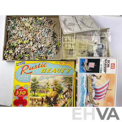 Collection of Vintage Board Games, Jigsaws and Model Including John Sands Pluto, Holdson Educational Teachatot, Yahtzee, Battleship, Roman Warship