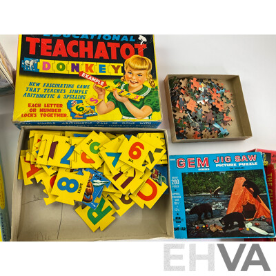 Collection of Vintage Board Games, Jigsaws and Model Including John Sands Pluto, Holdson Educational Teachatot, Yahtzee, Battleship, Roman Warship