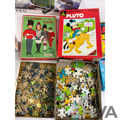 Collection of Vintage Board Games, Jigsaws and Model Including John Sands Pluto, Holdson Educational Teachatot, Yahtzee, Battleship, Roman Warship