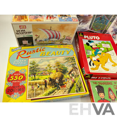 Collection of Vintage Board Games, Jigsaws and Model Including John Sands Pluto, Holdson Educational Teachatot, Yahtzee, Battleship, Roman Warship