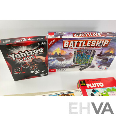 Collection of Vintage Board Games, Jigsaws and Model Including John Sands Pluto, Holdson Educational Teachatot, Yahtzee, Battleship, Roman Warship