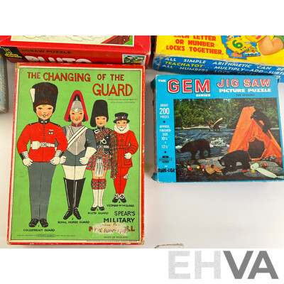 Collection of Vintage Board Games, Jigsaws and Model Including John Sands Pluto, Holdson Educational Teachatot, Yahtzee, Battleship, Roman Warship