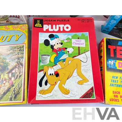 Collection of Vintage Board Games, Jigsaws and Model Including John Sands Pluto, Holdson Educational Teachatot, Yahtzee, Battleship, Roman Warship