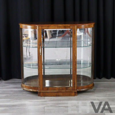 Vintage Bow Front Display Cabinet with Mirror Back and Beveled Glass