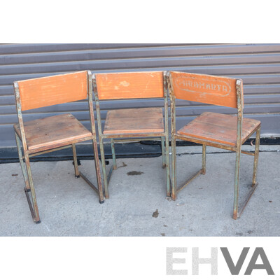 Three Vintage Indian School Steel Frame Chairs