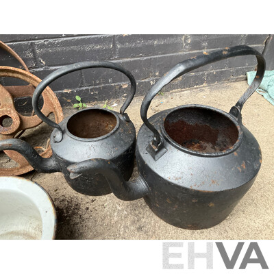 Two Antique Cast Iron Kettles, Two Cast Iron Pulley Wheels and Enameled Bowls