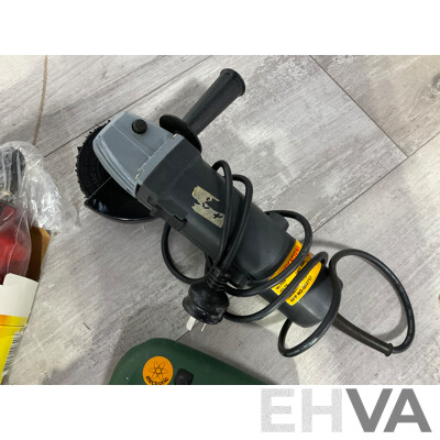 Collection of Power Tools Including Bosch Jigsaw PST 50E, Black and Decker Power Drill, Angle Grinder, Superworks Battery Charger and Three Boxed Wall Mount Fire Extinguishers
