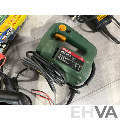 Collection of Power Tools Including Bosch Jigsaw PST 50E, Black and Decker Power Drill, Angle Grinder, Superworks Battery Charger and Three Boxed Wall Mount Fire Extinguishers