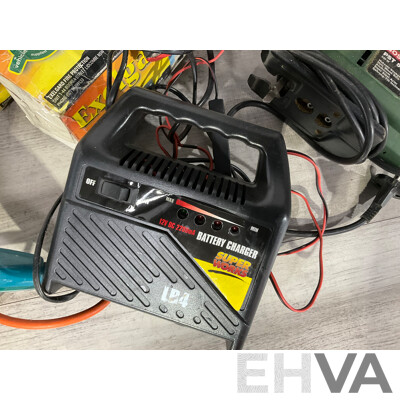 Collection of Power Tools Including Bosch Jigsaw PST 50E, Black and Decker Power Drill, Angle Grinder, Superworks Battery Charger and Three Boxed Wall Mount Fire Extinguishers