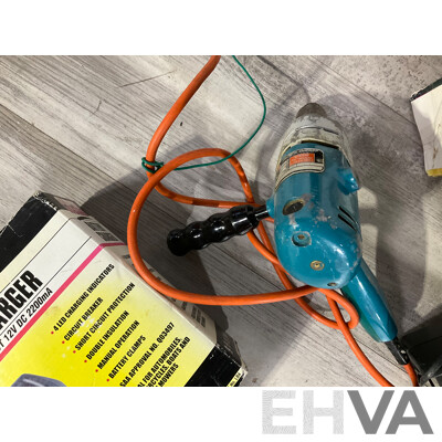Collection of Power Tools Including Bosch Jigsaw PST 50E, Black and Decker Power Drill, Angle Grinder, Superworks Battery Charger and Three Boxed Wall Mount Fire Extinguishers