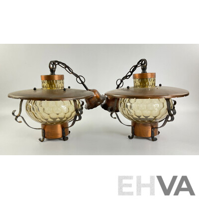 Two Retro Glass and Copper Tone Hanging Lights