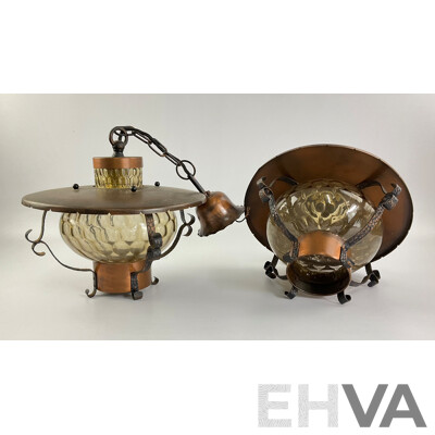 Two Retro Glass and Copper Tone Hanging Lights