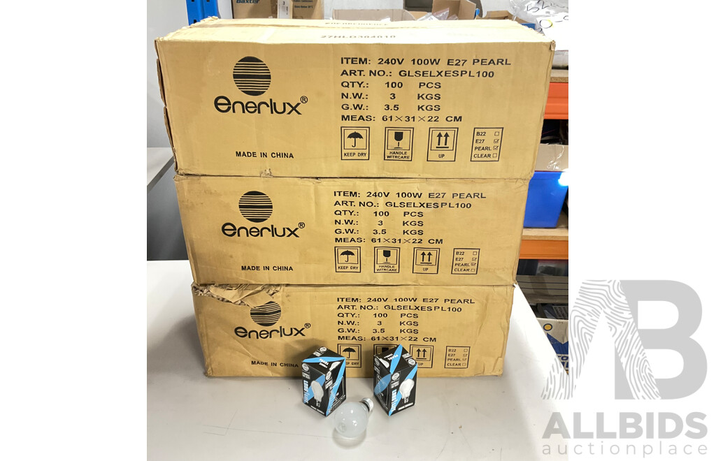 Bulk Lot of Enerlux 100 Watt Heavy Duty Light Bulbs, Pearl 2500 Hours - 300 Units