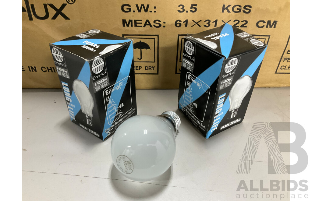 Bulk Lot of Enerlux 100 Watt Heavy Duty Light Bulbs, Pearl 2500 Hours - 300 Units