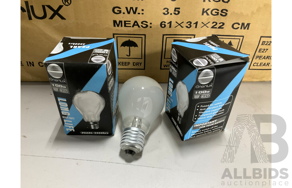 Bulk Lot of Enerlux 100 Watt Heavy Duty Light Bulbs, Pearl 2500 Hours - 300 Units
