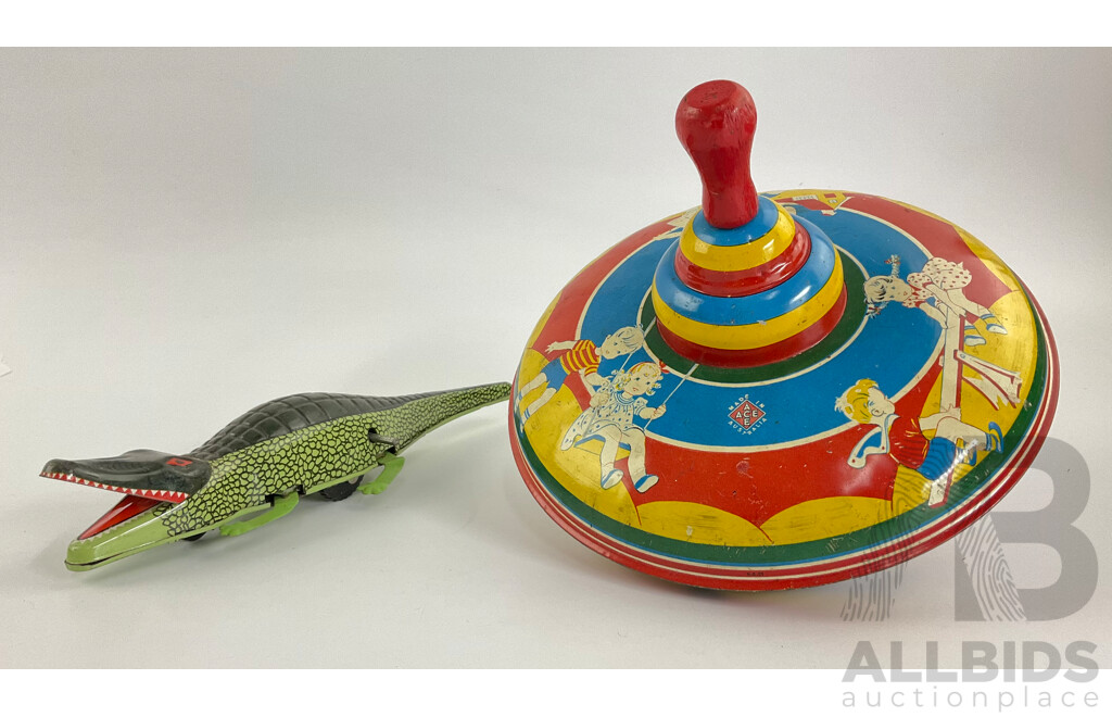 Vintage Steel Ace Toys Spinning Top, Made in Australia with Clockwork Steel Crocodile
