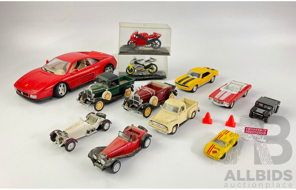 Colection of Diecast Vehicles Including Burago Ferrari 348, 1:18 Scale, YamahaYZR-M1 and YZR 250, 1953 Ford Pick Up and More