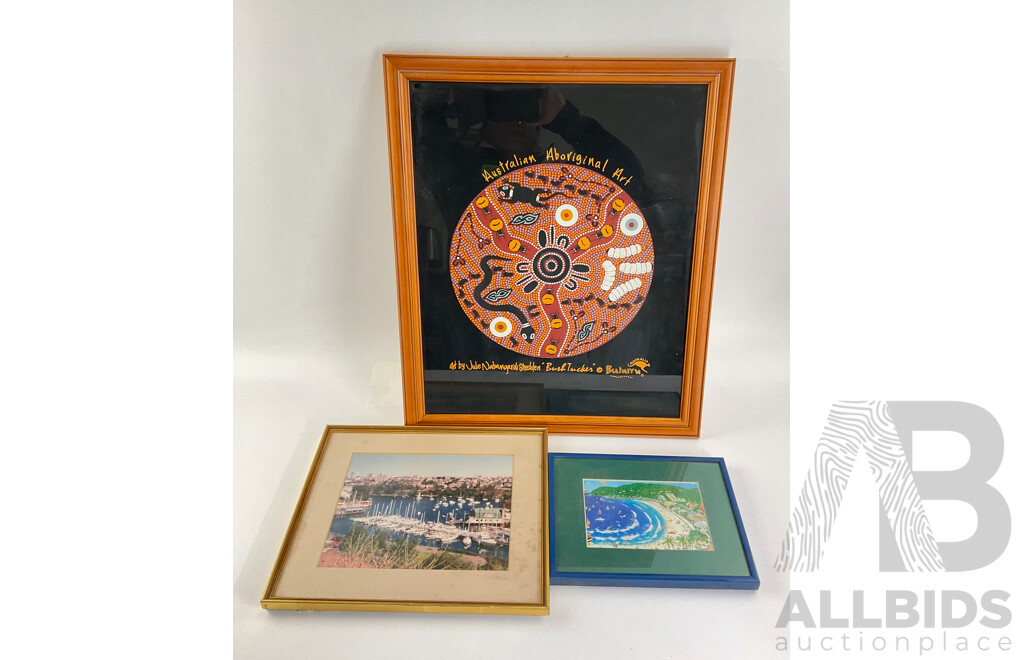 Framed Julie Nabangardi Shedden Australian Aboriginal Art Promotion Canvas with Framed Harbor Art Work and Photo