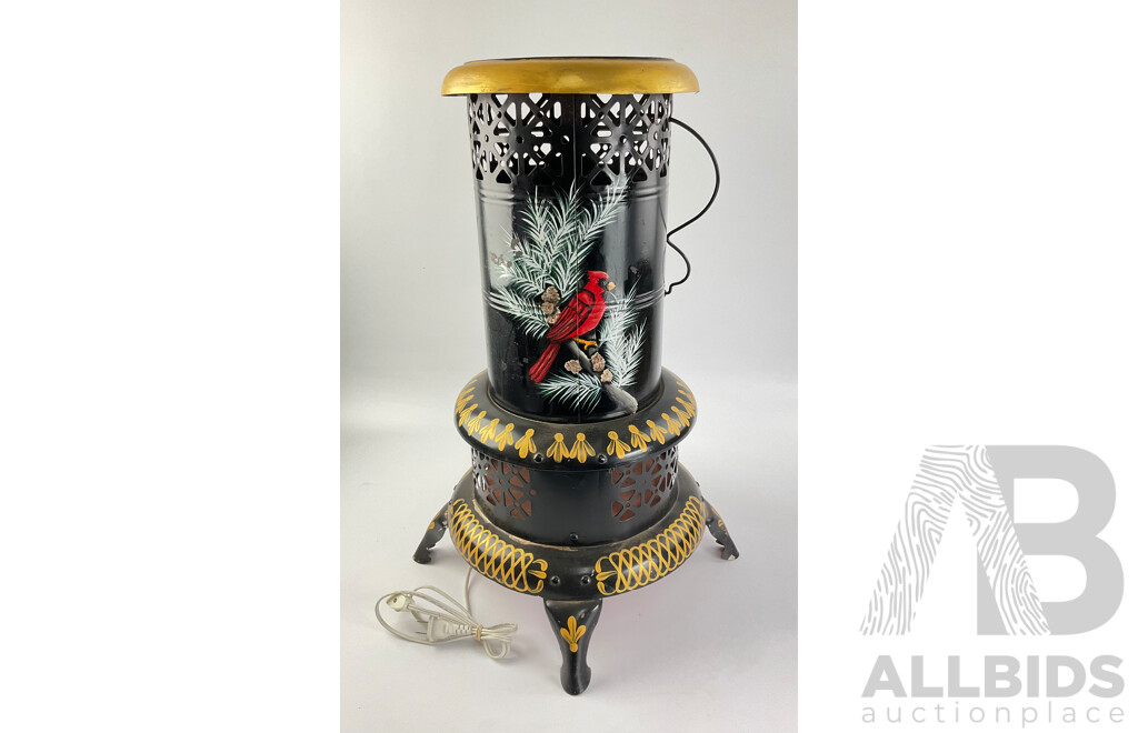 Vintage E-Z Est Way Kerosene Heater Retro Fitted with Light, Finished in Hand Painted Folk Art Bird and Patterns