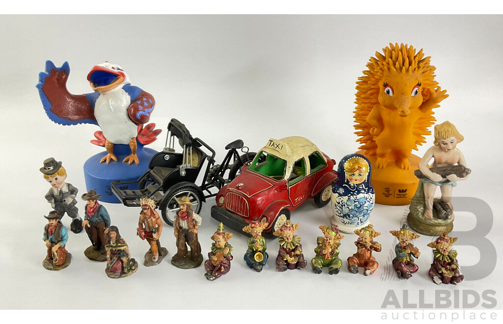 Collection of Display Figures Including Musical Clowns, Native Americans, Russian Babushka, Ceramic Taxi, Sydney 2000 Olympics Mascots