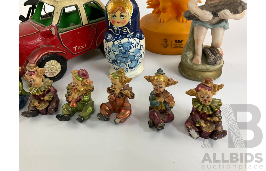 Collection of Display Figures Including Musical Clowns, Native Americans, Russian Babushka, Ceramic Taxi, Sydney 2000 Olympics Mascots