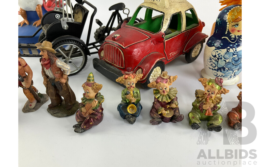 Collection of Display Figures Including Musical Clowns, Native Americans, Russian Babushka, Ceramic Taxi, Sydney 2000 Olympics Mascots