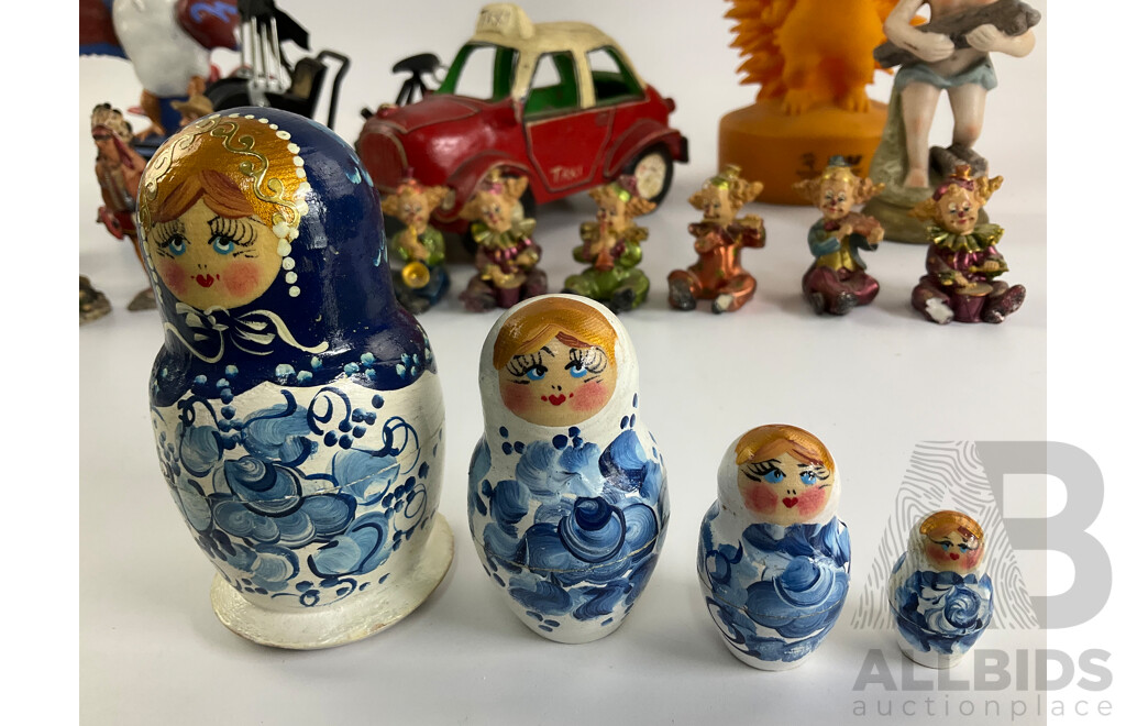 Collection of Display Figures Including Musical Clowns, Native Americans, Russian Babushka, Ceramic Taxi, Sydney 2000 Olympics Mascots