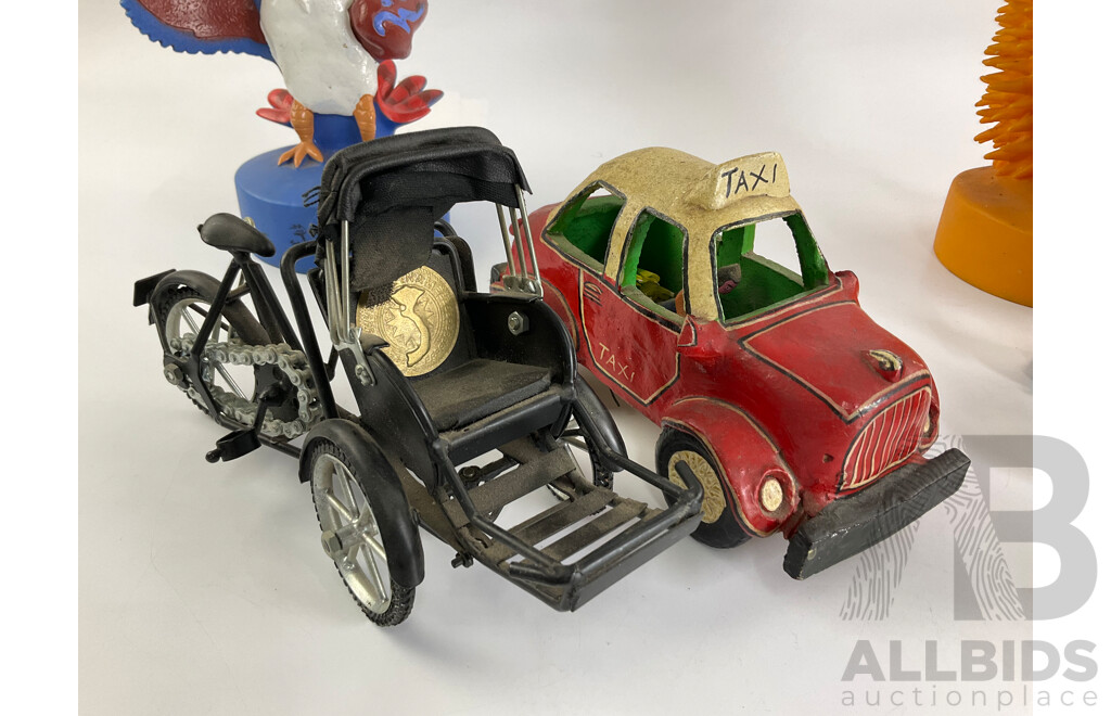 Collection of Display Figures Including Musical Clowns, Native Americans, Russian Babushka, Ceramic Taxi, Sydney 2000 Olympics Mascots