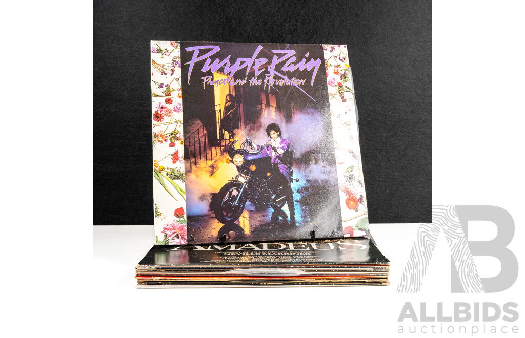 Collection Ten Vintage Vinyl LP Soundtracks Including Prince Purple Rain, Top Gun, Miami Vice and More