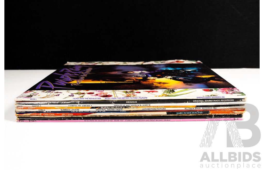 Collection Ten Vintage Vinyl LP Soundtracks Including Prince Purple Rain, Top Gun, Miami Vice and More