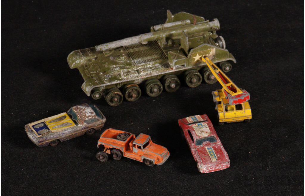 Vintage Hot Wheels Redline Deora, Plymouth Funny Car, Matchbox Jumbo Crane and Super Atlantic Tractor, Dinky Chieftain Tank with Firing Turret