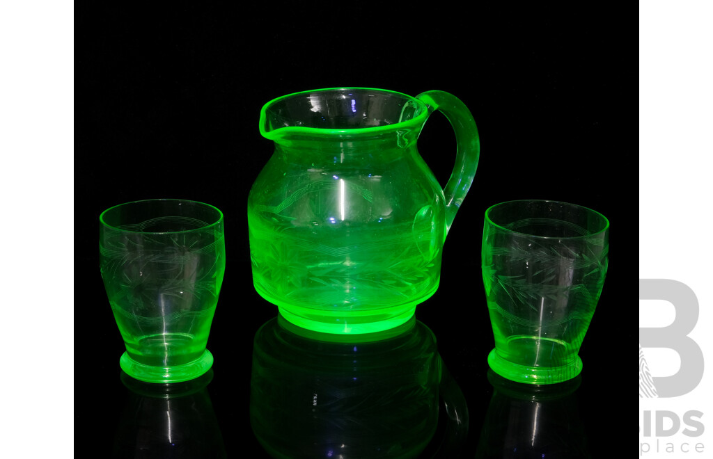 Vintage Uranium Engraved Glass Pitcher and Glasses