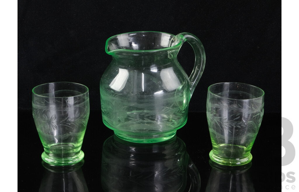 Vintage Uranium Engraved Glass Pitcher and Glasses