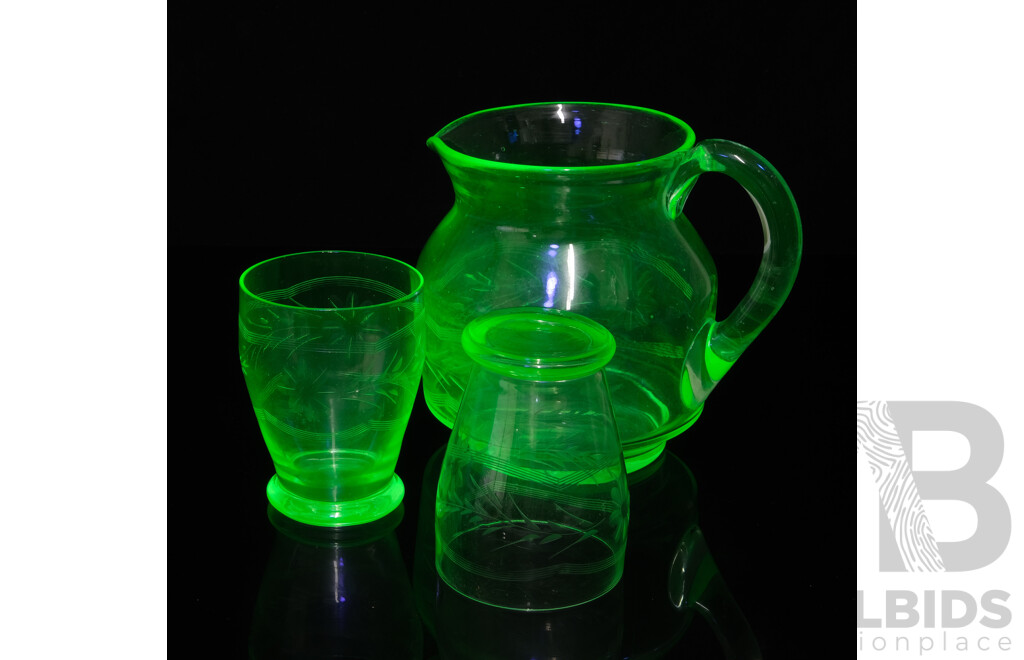 Vintage Uranium Engraved Glass Pitcher and Glasses