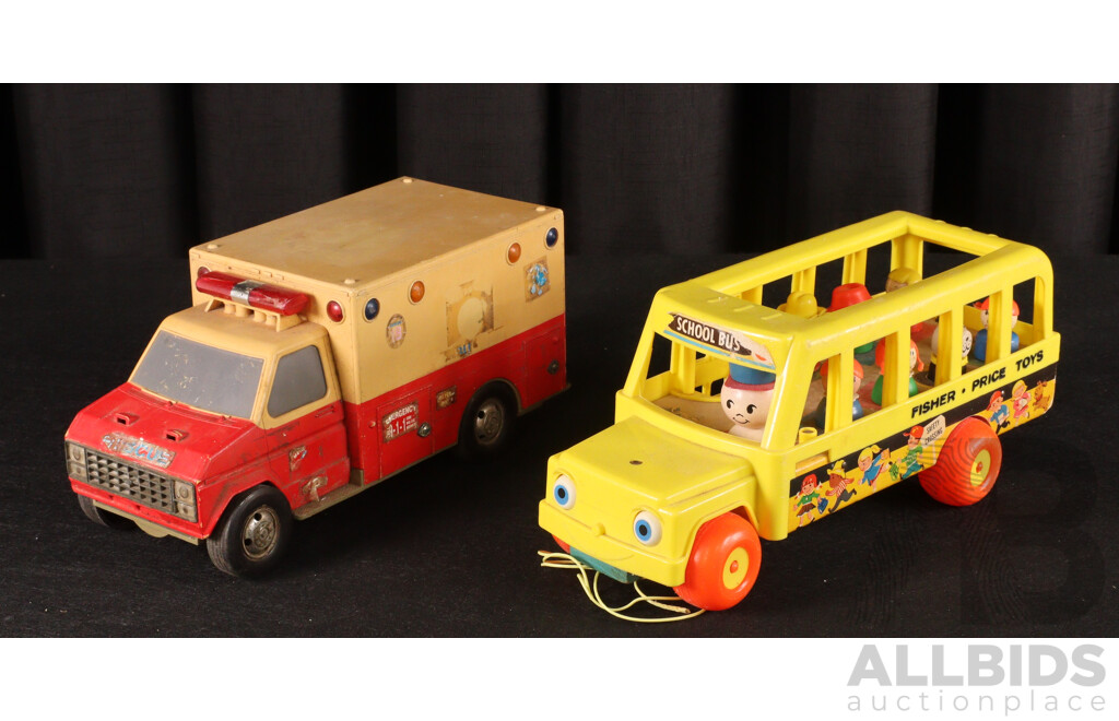 Vintage Fisher Price School Bus and Passengers with Funrise Ambulance