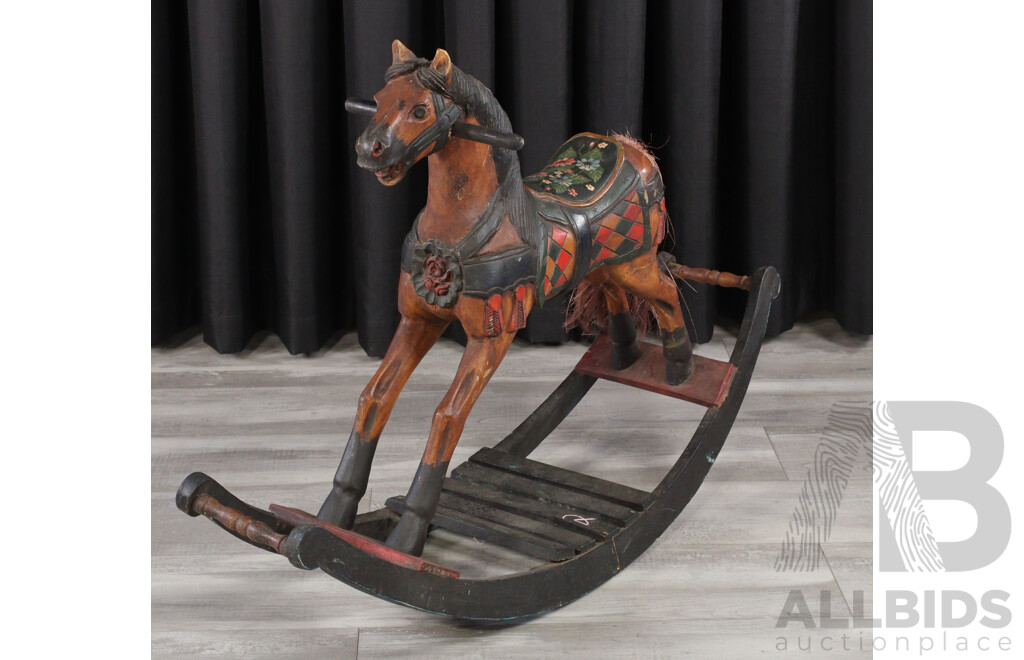 Carved Timber Folk Art Painted Rocking Horse