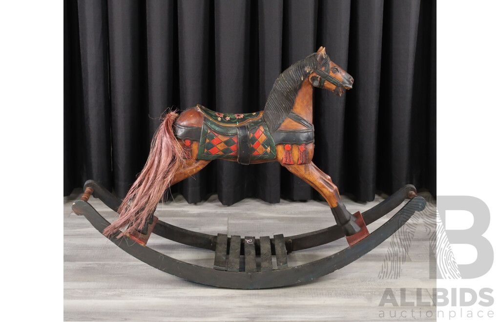 Carved Timber Folk Art Painted Rocking Horse